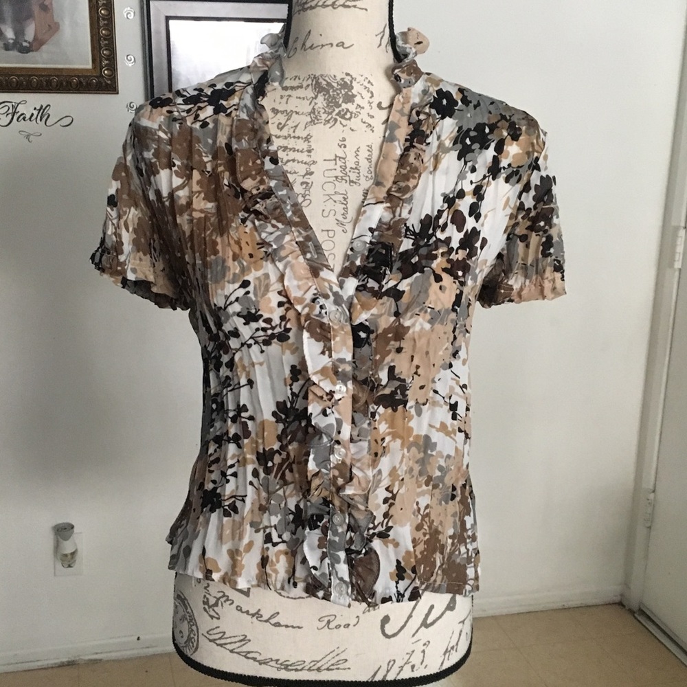 East 5th White Brown Floral Print Short Sleeve Top